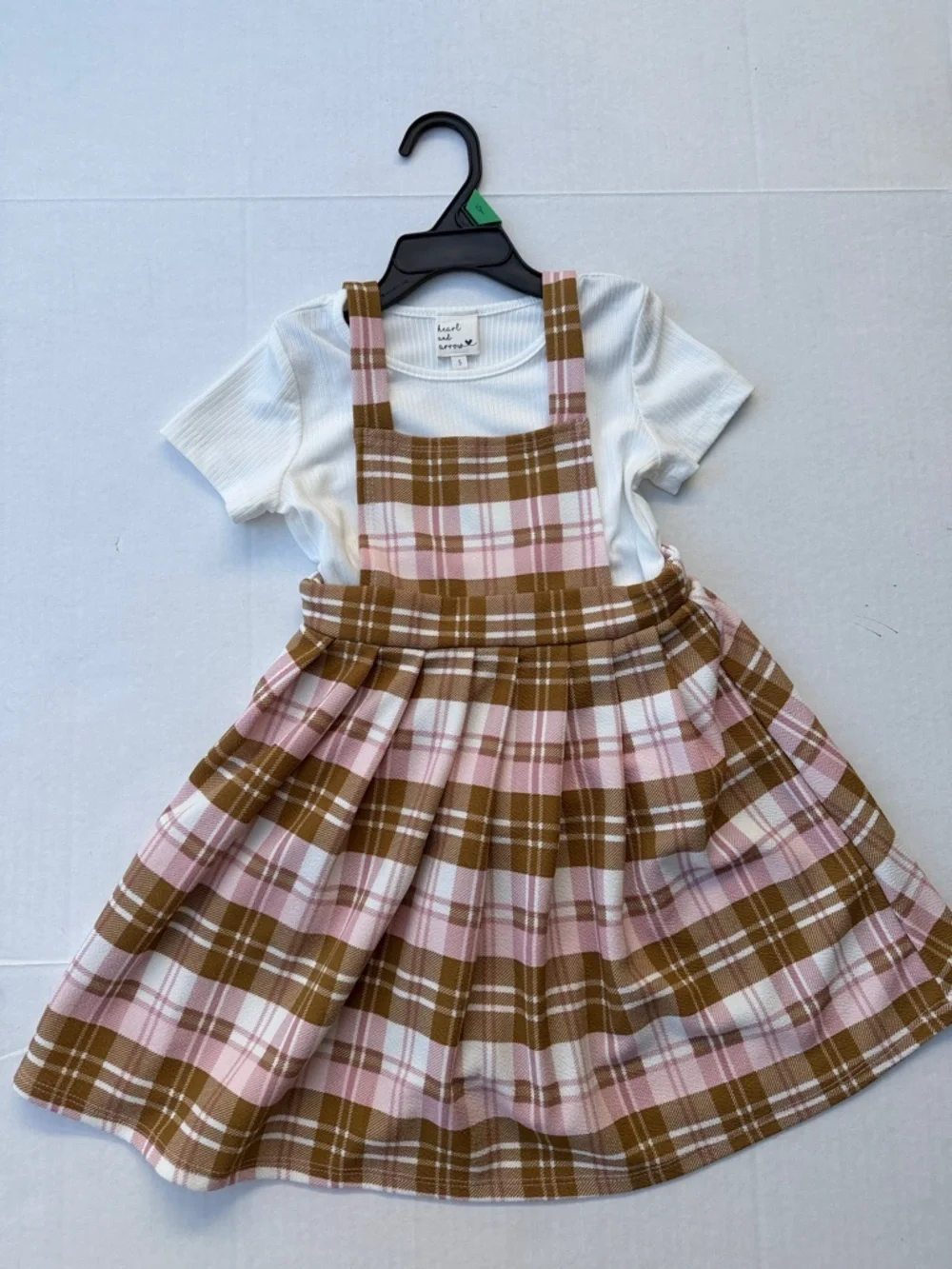 Girls Pink & Brown Plaid Pinafore Dress with White Tee NEW